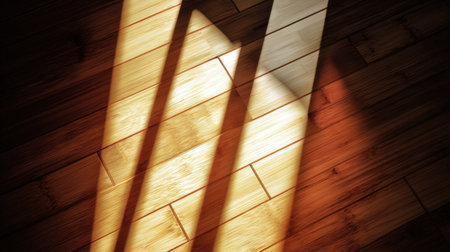 Captivating interplay of light and shadow across a wooden floor highlights the intricate texture and warmth, creating a cozy and serene indoor atmosphere.の素材