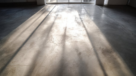 A serene scene showing sunlight casting long shadows across a polished concrete floor in a minimalist room, highlighting modern design and calming ambiance.の素材
