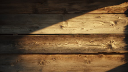 A visually appealing wooden surface showcasing natural grain patterns and soft shadows, perfect for creating warm atmospheres in design or decor projects.の素材