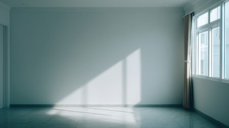 A serene and empty room featuring natural sunlight pouring through a large window, creating soft shadows on the smooth floor, ideal for interior themes.の素材