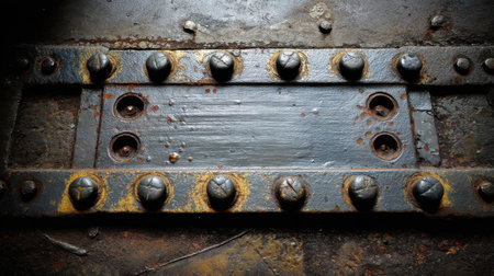 A close-up of a rusty metal plate adorned with industrial fasteners showcases intricate textures and details, emphasizing the beauty of aging mechanisms in machinery.の素材