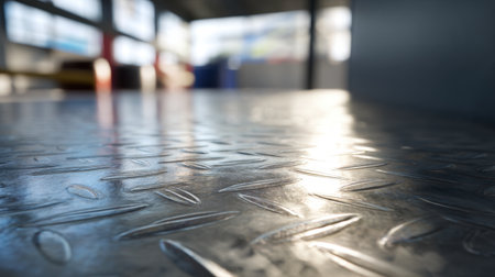 This image captures a close-up view of a brushed metal surface, reflecting light in an industrial setting. The textured patterns create a modern aesthetic.の素材