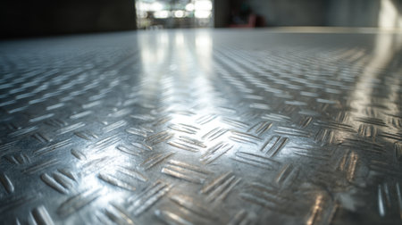 Close-up view of a textured metallic surface featuring a shiny finish. This industrial floor reflects light beautifully, highlighting its unique patterns and design.の素材