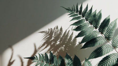 This artistic composition features green fern leaves that create captivating shadows on a soft wall. The interplay of light and shadow evokes a sense of tranquility and nature.の素材