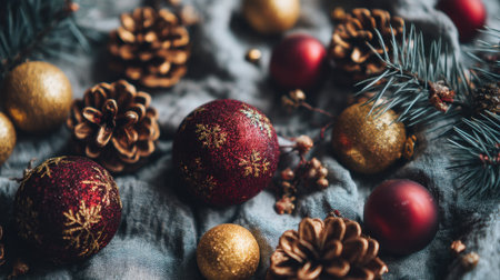 Captivating arrangement of beautiful Christmas ornaments and natural elements on soft textile background, evoking a warm holiday spirit perfect for seasonal themes.の素材