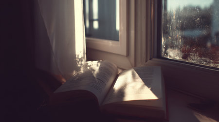 An open book rests on a windowsill, basking in soft light that creates a serene atmosphere. Shadows and reflections add warmth to this peaceful and cozy reading nook.の素材
