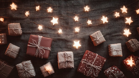 Softly lit gift boxes scattered on textured fabric create a warm, festive scene perfect for celebrating the holiday season and sharing joy with loved ones.の素材