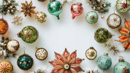 A vibrant collection of Christmas ornaments arranged in a circular pattern, featuring intricate designs and a floral centerpiece, perfect for holiday celebrations.の素材
