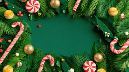 Bright and colorful arrangement of tropical leaves, candies, and ornaments on a green background, perfect for creating a vibrant holiday atmosphere and festive spirit.の素材