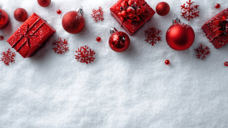 A beautiful arrangement of red Christmas gifts, shiny ornaments, and snowflakes on a soft snowy background, creating a warm and festive holiday atmosphere perfect for seasonal celebrations.の素材