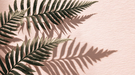 A serene composition featuring elegant green fern leaves on a soft pink background. The interplay of light and shadow invites a tranquil atmosphere, perfect for design inspiration.の素材