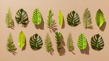 Discover a beautiful arrangement of various green leaves on a soft brown background. This image captures the essence of nature with fresh, vibrant foliage perfect for design projects.の素材