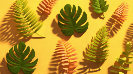 A stunning arrangement of green and pink palm leaves against a bright yellow background, showcasing dynamic shadows that enhance the vibrant and modern aesthetic.の素材