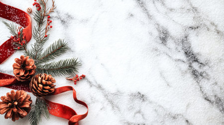 A beautiful festive arrangement featuring pinecones and red ribbons against a soft, snowy background, perfect for holiday celebrations and seasonal decor inspiration.の素材