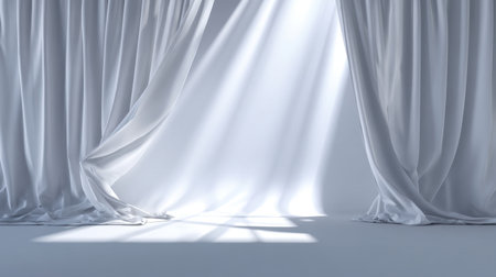 Soft white curtains reveal gentle sunlight rays, creating an elegant atmosphere for minimalist design. Perfect for interior decor and artistic photography settings.の素材