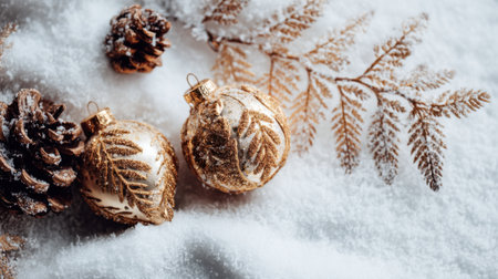 Capture the essence of the holiday season with these elegant golden ornaments and pine cones resting on a blanket of soft white snow, perfect for cozy winter moments.の素材