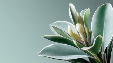 A stunning close-up view of a fresh green plant featuring smooth leaves and delicate blooms. This image exudes tranquility and natural beauty, perfect for wellness themes.の素材