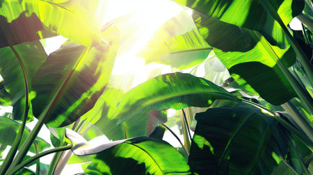 Bright sunlight streams through vibrant green leaves of tropical plants, creating a lush and serene atmosphere. This image captures nature's beauty in a vivid setting.の素材