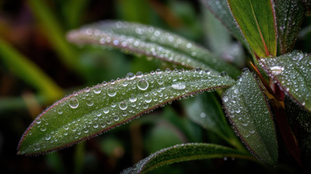 This stunning close-up features fresh green leaves adorned with water droplets, reflecting the vitality of nature in a serene garden setting after rain.の素材