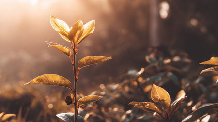 A stunning close-up of a young plant illuminated by soft sunlight, showcasing dew on leaves surrounded by nature. This image captures tranquility and beauty in the outdoors.の素材