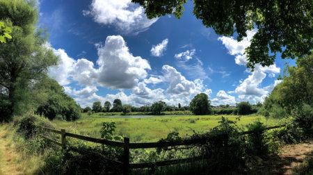 Explore a picturesque landscape featuring a lush meadow under a brilliant blue sky dotted with fluffy clouds, exemplifying the beauty of nature and tranquility.の素材