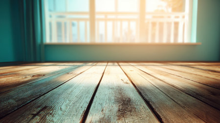 A stunning view capturing warm sunlight pouring through a window onto a rustic wooden floor, creating a serene and inviting atmosphere in a cozy interior space.の素材