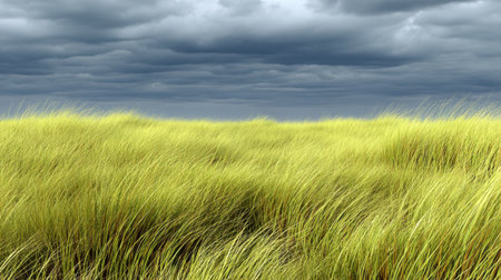 A beautiful stretch of lush green grass sways gently under a moody cloudy sky, capturing the essence of nature's beauty and serenity in a captivating landscape.の素材