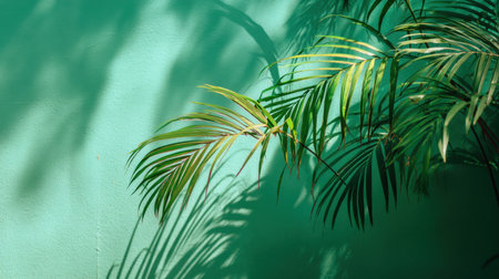 This captivating image features vibrant palm leaves casting intricate shadows on a bright turquoise wall, offering a fresh, tropical ambiance perfect for various design themes.の素材