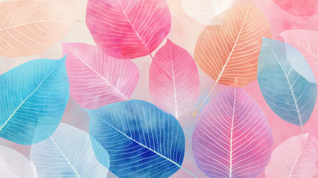 This image features a beautiful arrangement of colorful leaves in pastel hues, creating a soft and vibrant background that is perfect for nature-themed projects.の素材