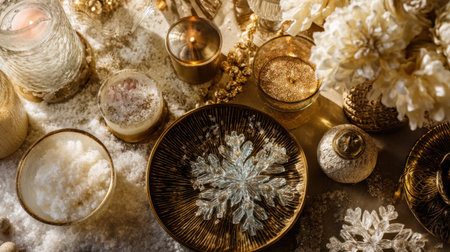 Immerse in a luxurious winter scene featuring exquisite glass snowflakes, soft candles, and golden accents, perfect for holiday celebrations and elegant gatherings.の素材