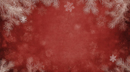 This festive red background features delicate snowflakes and evergreen branches, creating a warm and inviting atmosphere ideal for holiday greetings and decorations.の素材