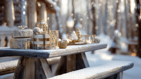 A serene winter scene featuring beautifully wrapped gifts on a snowy table in a tranquil outdoor setting. The magic of the season comes alive with festive decorations.の素材