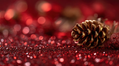 A close-up image capturing the essence of Christmas with a beautifully decorated pinecone surrounded by sparkling red glitter, perfect for holiday themes.の素材