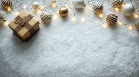 A cozy winter setting featuring a beautifully wrapped gift surrounded by ornaments and sparkling lights on a snowy surface, perfect for holiday inspiration.の素材