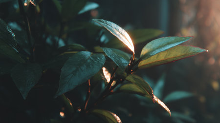 A captivating close-up view of vibrant green leaves adorned with glistening water droplets. Soft light highlights the intricate details, creating a tranquil atmosphere.の素材