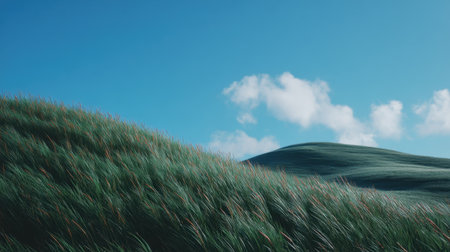 A stunning depiction of rolling green hills beneath a bright blue sky scattered with fluffy white clouds, showcasing the tranquil beauty of nature in a serene landscape.の素材