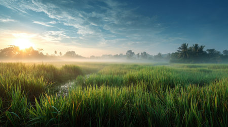 Experience the tranquility of a sunrise illuminating a lush green rice field, surrounded by mist and a vibrant sky, capturing nature's serene beauty in a rural landscape.の素材