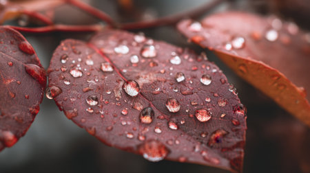 Close-up image of water droplets resting on rich red leaves, emphasizing the beauty and intricacy of nature's designs. Perfect for showcasing seasonal change.の素材