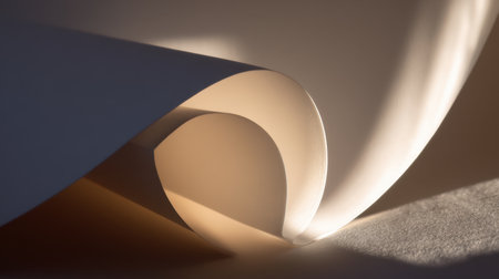 A close-up view of white paper creating a soft curve, illuminated by gentle light. This image highlights elegant textures and shadows for artistic expression.の素材