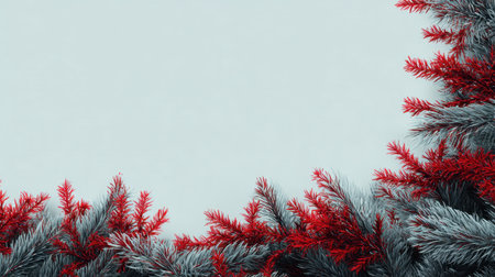 A visually appealing arrangement of vibrant red and green pine branches creating a decorative frame on a soft gray background, perfect for holiday designs.の素材