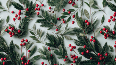 A visually appealing composition featuring various green leaves and vibrant red berries against a soft background, perfect for holiday-themed projects and seasonal celebrations.の素材