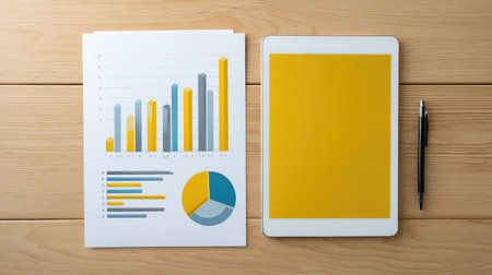 Visual representation of business analysis tools including graphs, charts, and documents on a wooden desk, perfect for presentations and strategic planning.の素材