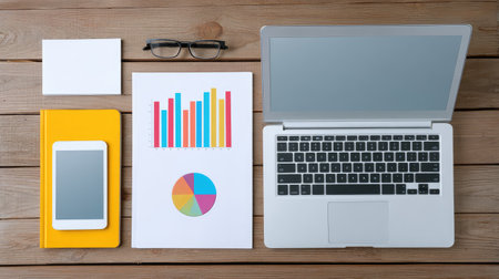 Overhead view of a modern workspace featuring a laptop, smartphone, notebook, glasses, and a colorful printed chart on a wooden table, perfect for business and finance projects.の素材