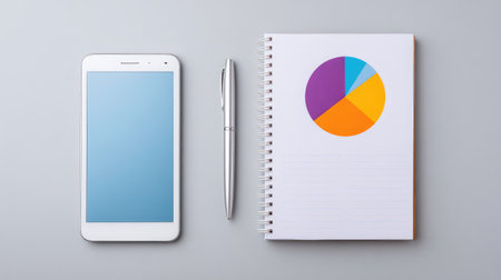 A modern office setup featuring a smartphone, a sleek pen, and a notepad displaying a vibrant pie chart, perfect for illustrating productivity and planning themes in a professional environment.の素材