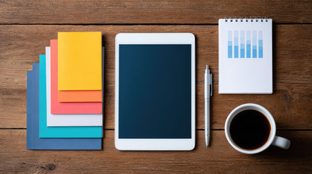 An inspiring flat lay image showcasing colorful stationery items, a digital tablet, a notepad, and a coffee cup on a rustic wooden table for an organized workspace.の素材