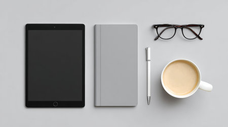 A serene and organized workspace featuring a tablet, notebook, pen, coffee cup, and glasses, ideal for fostering creativity and productivity in a minimalist setting.の素材