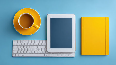A visually appealing modern workspace featuring a tablet, coffee cup, keyboard, and yellow notebook on a blue background, perfect for inspiring productivity and creativity.の素材