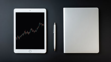 Sleek workspace arrangement showcasing a tablet with financial graph, a pen, and a notebook on a dark surface, ideal for presentations or business strategies.の素材