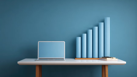 A sleek modern workspace featuring a laptop and a visual growth chart on a blue background, ideal for business and financial themes, productivity and innovation.の素材