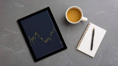A modern workspace featuring a tablet with a financial chart, a steaming cup of coffee, a notepad, and a pen, perfect for business insights, planning, and productive sessions.の素材
